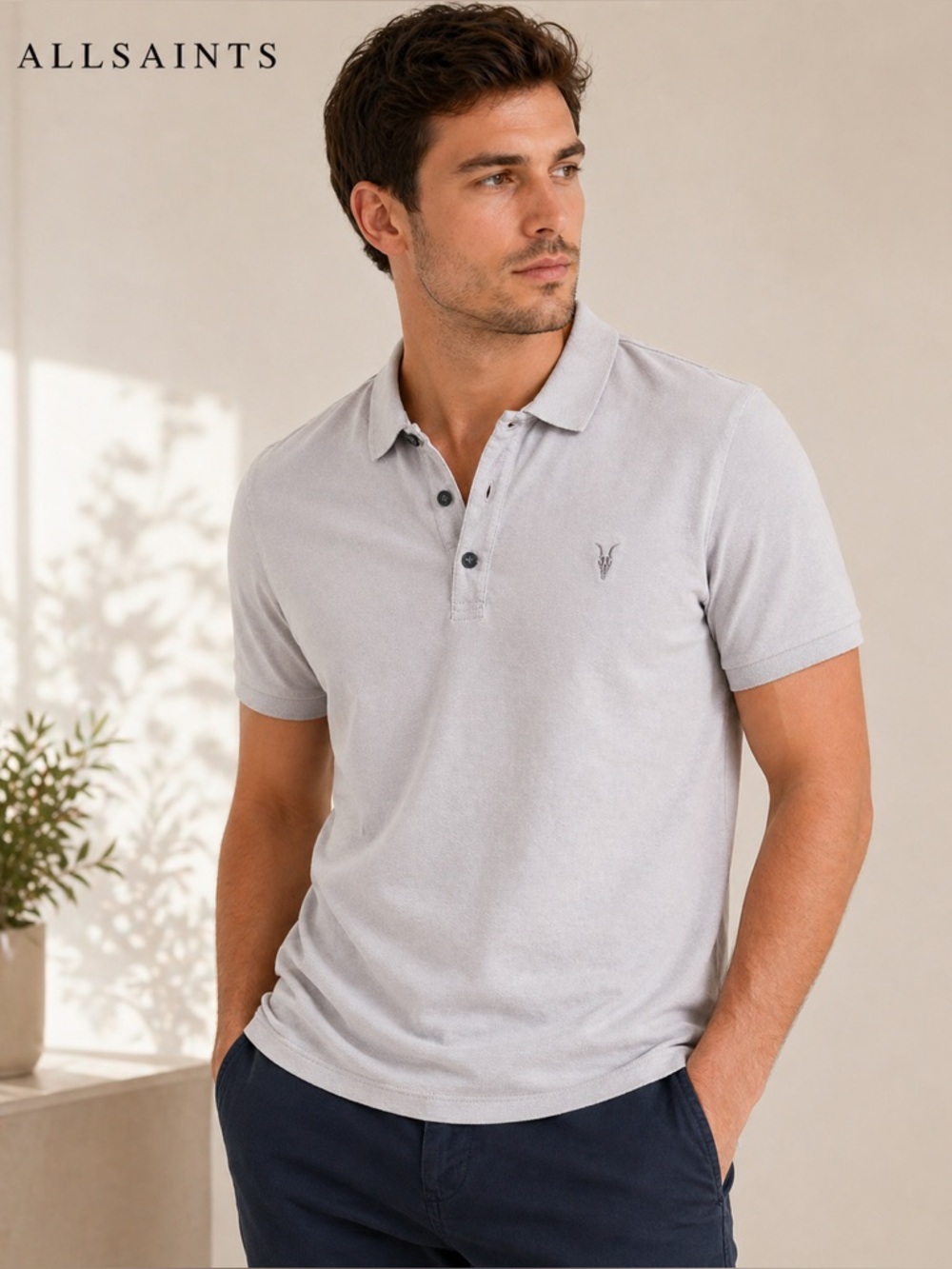 AllSaints Mens XL Machine Grey Reform Cotton Polo Short Sleeve Slim Fit Shirt